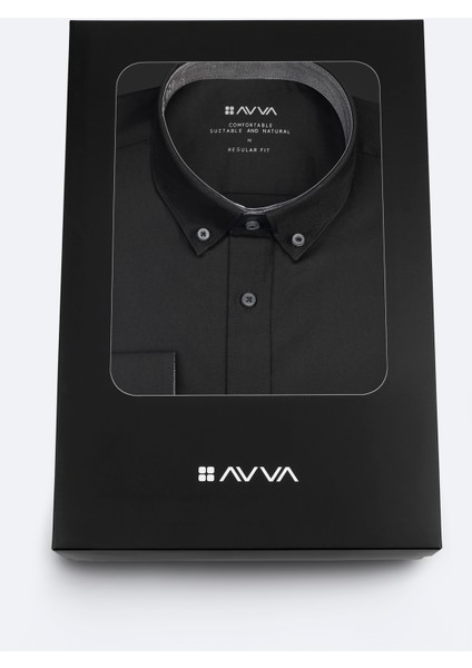 Erkek Siyah Düğmeli Yaka Hediye Kutulu %100 Pamuk Basic Regular Fit Gömlek B002034