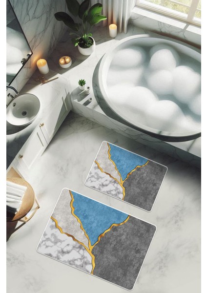 Yıkanabilir Kaymaz Tabanlı Modern Desenli 2'li Banyo Paspas Takımı BPS0025