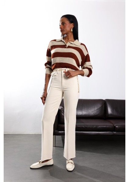 Kemik Yüksek Bel Kemerli Flare Jean