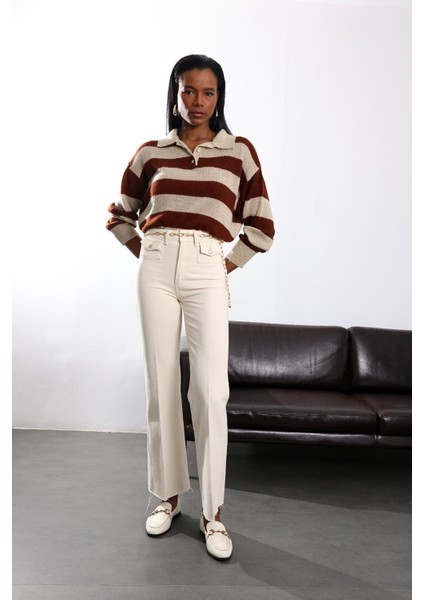 Kemik Yüksek Bel Kemerli Flare Jean fiyatları