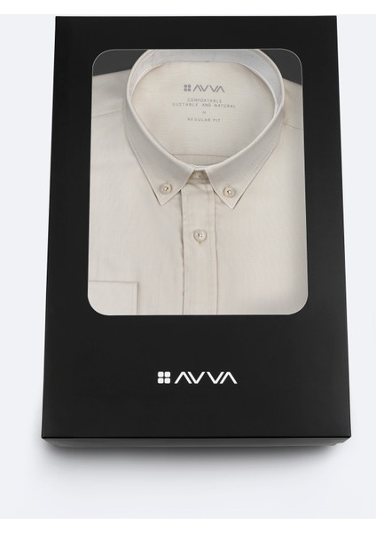 Erkek Bej Düğmeli Yaka Hediye Kutulu %100 Pamuk Basic Regular Fit Gömlek B002034