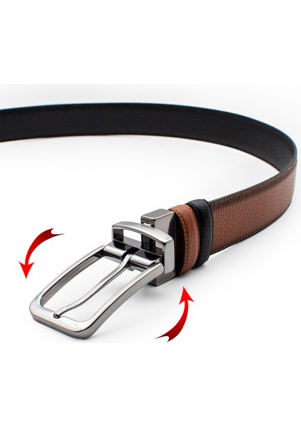 Hakiki Deri Çift Taraflı 3.5 cm Klasik Erkek Kemer Siyah -Taba