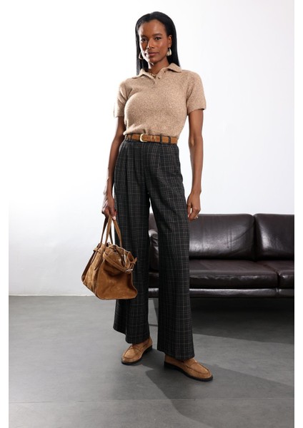 Antrasit Yüksek Bel Kareli Pantolon 1596