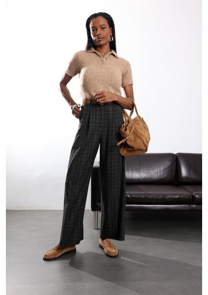 Antrasit Yüksek Bel Kareli Pantolon 1596 fiyatları