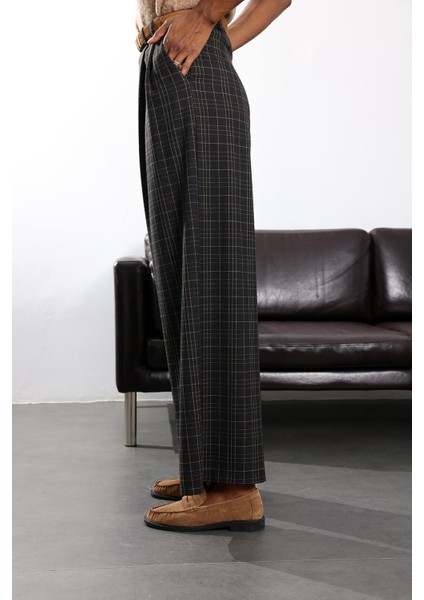 Antrasit Yüksek Bel Kareli Pantolon 1596