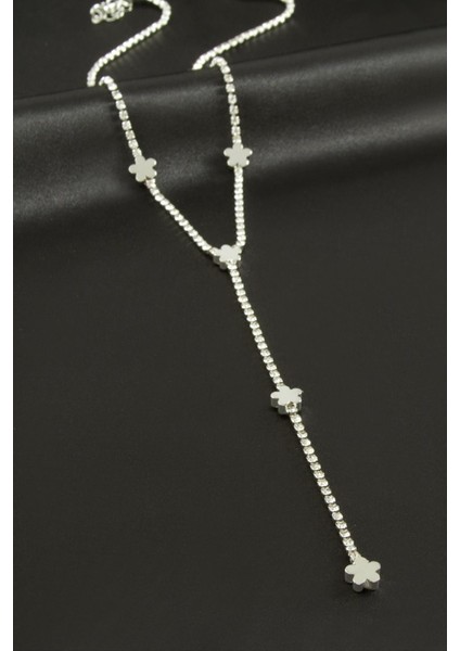 Çiçek Şerit Taşlı Çelik Y Kolye