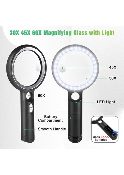 Okuma Için Işık ile El Tipi Büyüteç 60X 45X 30X Büyük Işıklı Büyüteç 30 LED Okuma Büyüteçleri (Yurt Dışından) indirimleri