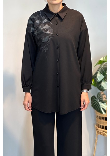 Deri Nakış Detay Tunik 19320 Siyah