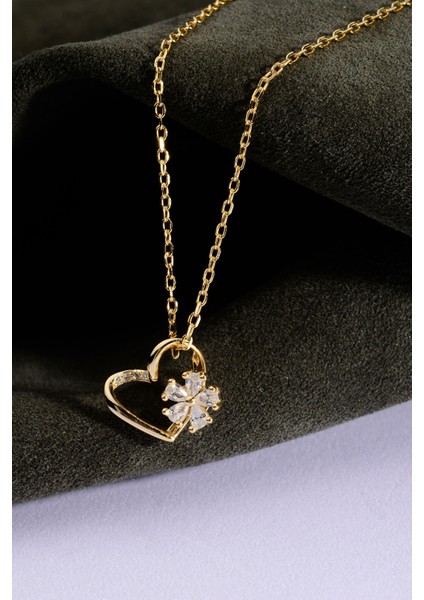 Altın Kaplama 925 Ayar Gümüş Hareketli Dönen Çiçek Taşlı Kalp Motifli Kolye