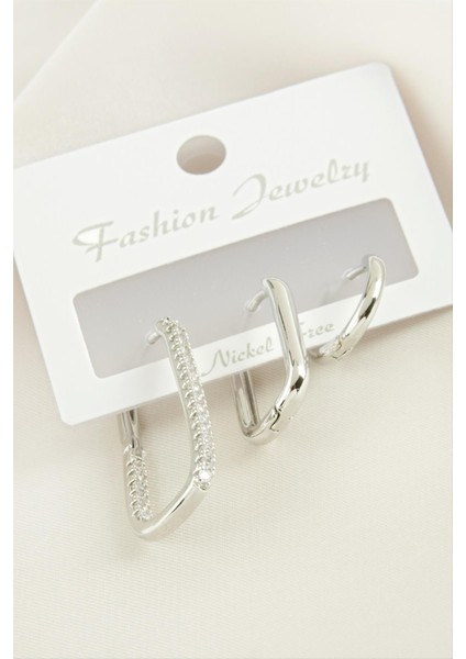 3 Adet Oval Zirkon Taşlı Küpe