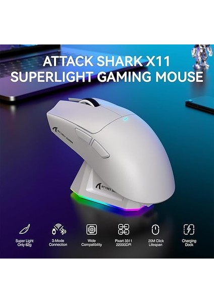 Shark X11 Hafif Kablosuz Oyun Faresi, Rgb Şarj Yuvası, Tri-Mode-2.4g/usb-C Kablolu/bt, 22K Dpı, PAW3311 Optik Sensör, Huyu Anahtarı, Pc/mac Için 5 Programlanabilir Düğme (Beyaz) fiyatları