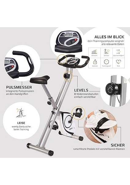 Katlanabilir Kondisyon Bisikleti, Ev Için Uygun, Akıllı Ekran ile Nabız ve Performans Takibi, Gri indirimleri