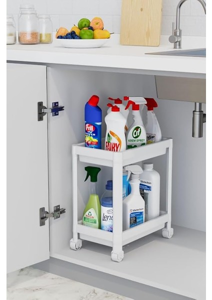 Life 2 Katlı Tekerlekli Tezgah Altı Beyaz Banyo Mutfak Rafı MIT1119