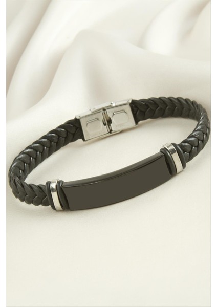 Örgülü Isim Yazılabilir Deri Çelik Bileklik