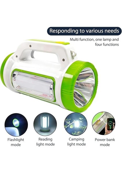 Güneş Enerjili LED Kamp Feneri, USB Şarjlı, Solar Powerbank Özellikli, Projektör + Yan Işık, Su Geçirmez IP44, Taşınabilir El Feneri | Kamp, Yürüyüş, Acil Durumlar Için modelleri