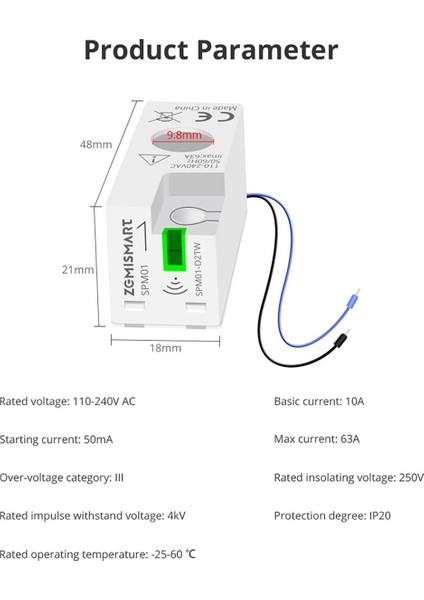 Zemismart Too Wifi Mini Enerji Ölçer Elektrik Monitör Sensörü Gerçek Zamanlı Ölçüm Destek Tava Uygulaması Akıllı Yaşam Uygulaması Kontrolü 63A (Yurt Dışından)