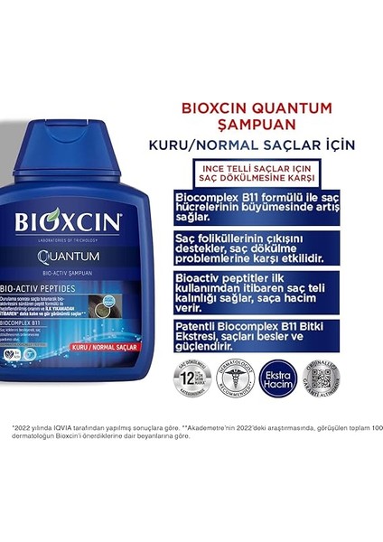 Quantum Şampuan – Kuru ve Normal Saçlar Için – 3X300 ml – Dökülme ve Incelme Karşıtı – Bio-Activ Peptit, Biocomplex B11, Bal ve Mentol Içerikli indirimleri
