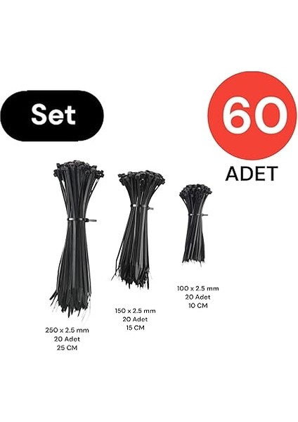 Plastik Kablo Bağı Cırt Kelepçe Set 100 mm - 150 mm - 250 mm x 2.5 mm Siyah (20 Şer Adet x 3) 60 Adet fırsatları