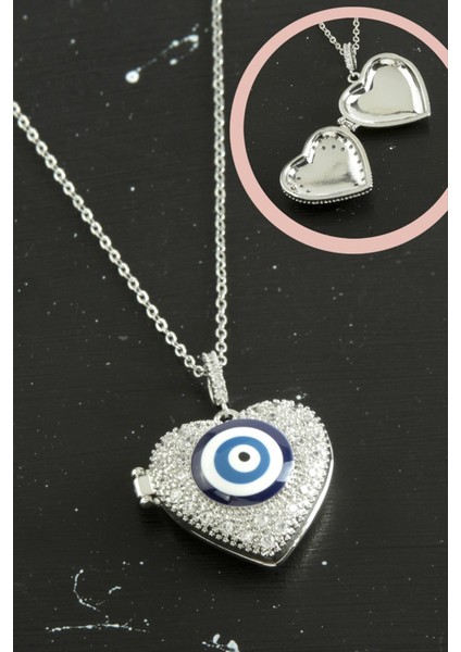 Kalp Nazar Kapaklı Zirkon Taşlı Çelik Kolye