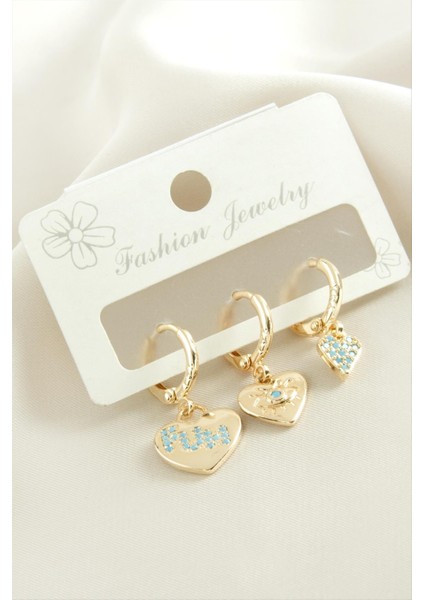 3 Adet Kalp Zirkon Taşlı Küpe