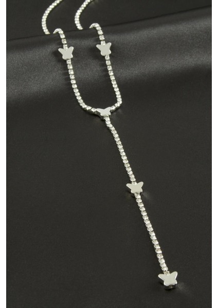 Kelebek Şerit Taşlı Çelik Y Kolye