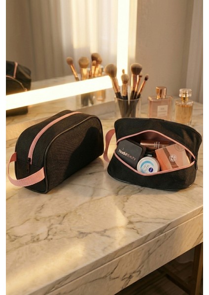 Siyah Istiridye Büyük Makyaj Çantası Pudra Taşıma Saplı ve Fermuarlı fiyatları