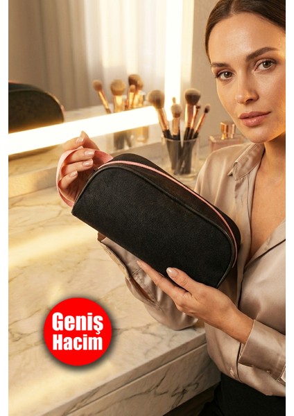 Siyah Istiridye Büyük Makyaj Çantası Pudra Taşıma Saplı ve Fermuarlı fırsatları