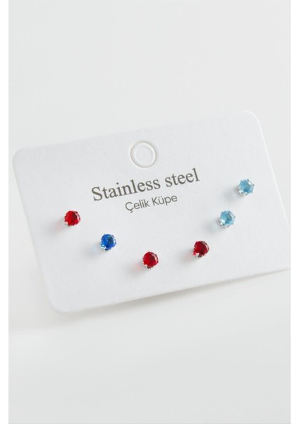 6 Adet Yuvarlak Zirkon Tek Taşlı Çelik Küpe