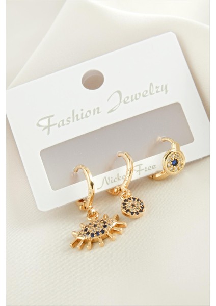 3 Adet Göz Nazar Zirkon Taşlı Küpe