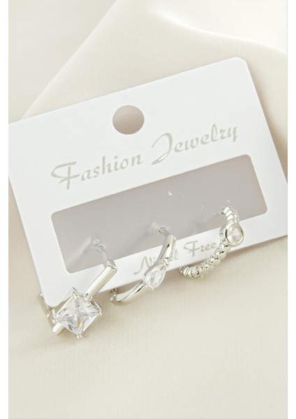 3 Adet Kare Zirkon Taşlı Küpe