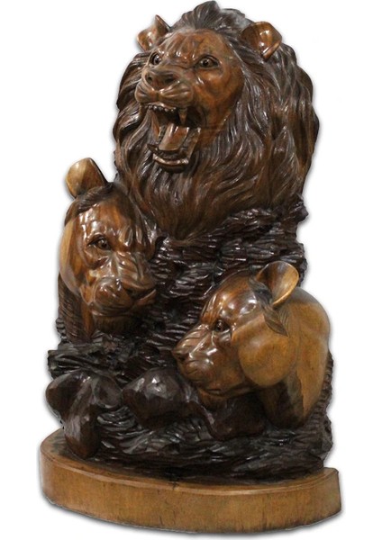 Ahşap Yavrulu Aslan Figürü 100 cm LIV2149