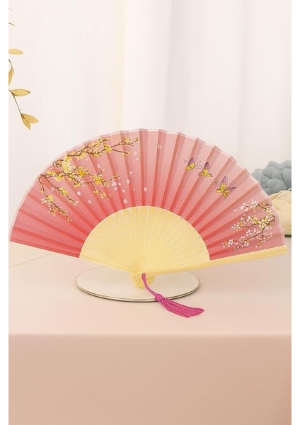 Siyah Zeminli El Yapımı Geleneksel Katlanabilir Şık Dekoratif Bambudan Yapılmış Çiçek Desenli El Yelpazesi (Kırmızı Zeminli, 21X38 Cm)