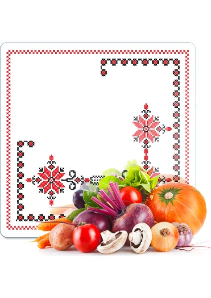 Cam Kesme Tahtası ve Sunumluk Kare Kanaviçe Desenli 30 x 30 cm