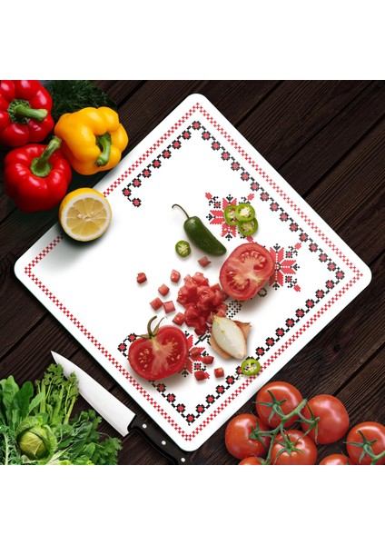 Cam Kesme Tahtası ve Sunumluk Kare Kanaviçe Desenli 30 x 30 cm modelleri
