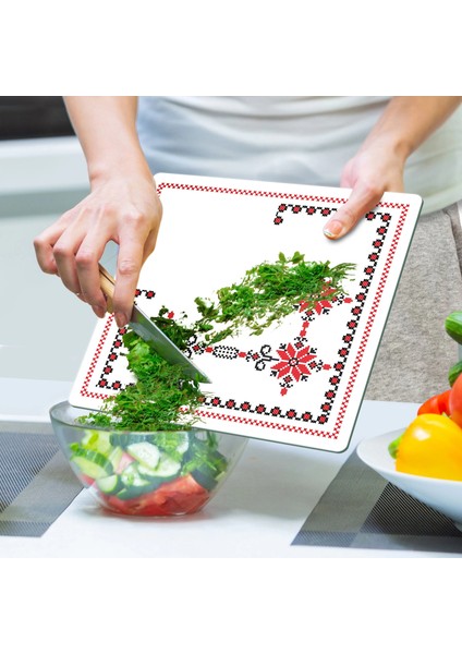 Cam Kesme Tahtası ve Sunumluk Kare Kanaviçe Desenli 30 x 30 cm indirimleri