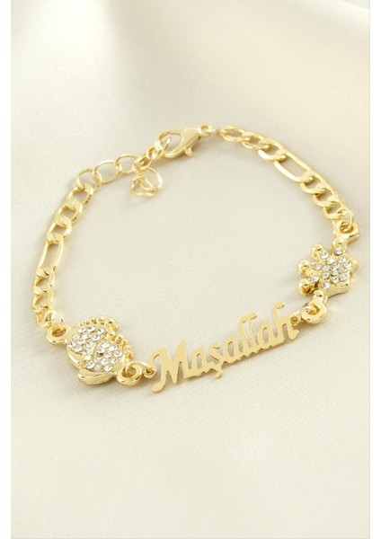 Ayak Izi Maşallah Yazılı Taşlı Bileklik