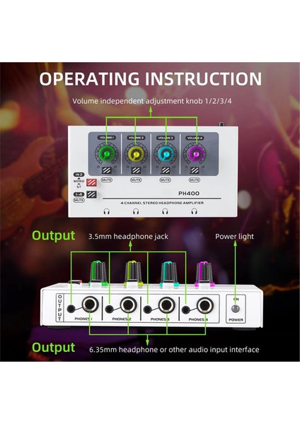 PH400 4 Kanallı Stereo Kulaklık Amplifikatörü Dağıtım Sistemi Maksimum 600 Ohm Kulaklık Basma Gücü Rgb Aydınlatma Efekti (Yurt Dışından) modelleri