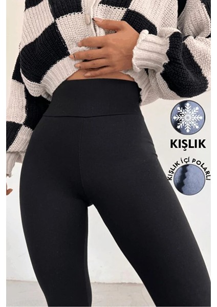 Kadın Siyah Kışlık Içi Polarlı Yüksek Bel Toparlayıcı Tayt Iç Göstermez
