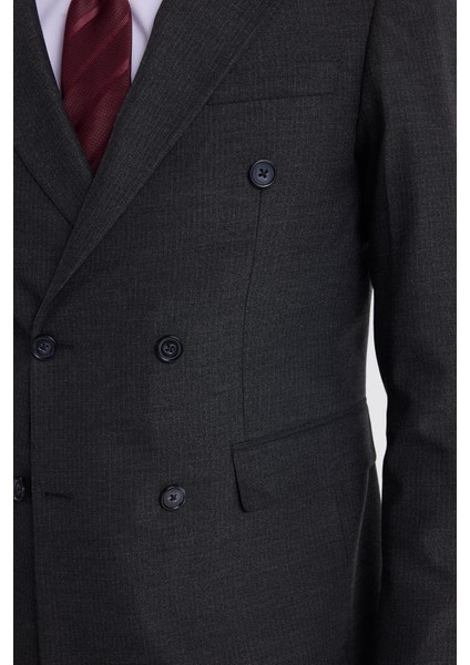 Erkek Slim Fit Sivri Yaka Çizgili Kapaklı Cepli Antrasit Takım Elbise