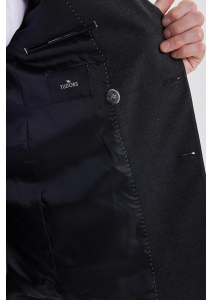Erkek Slim Fit Sivri Yaka Çizgili Kapaklı Cepli Antrasit Takım Elbise