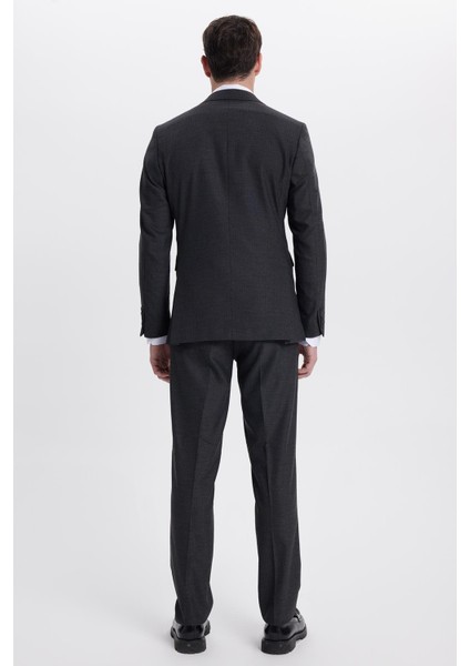 Erkek Slim Fit Sivri Yaka Çizgili Kapaklı Cepli Antrasit Takım Elbise