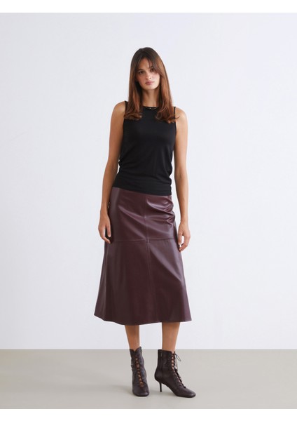 Beli Fermuarlı A Kesim Deri Görünümlü Etek