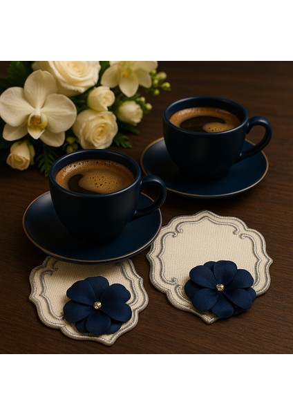 Lacivert Çiçek Nakışlı Premium Kahve Sunumluğu – El Işçiliği