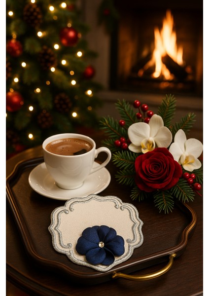 Lacivert Çiçek Nakışlı Premium Kahve Sunumluğu – El Işçiliği fiyatları