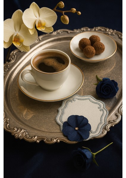 Lacivert Çiçek Nakışlı Premium Kahve Sunumluğu – El Işçiliği modelleri