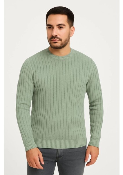 Erkek Bisiklet Yuvarlak Yaka Triko Kazak Pamuklu Kalın Fitilli Dokuma, Regular Fit Uzun Kollu Kışlık Model - Mint Yeşili fiyatları