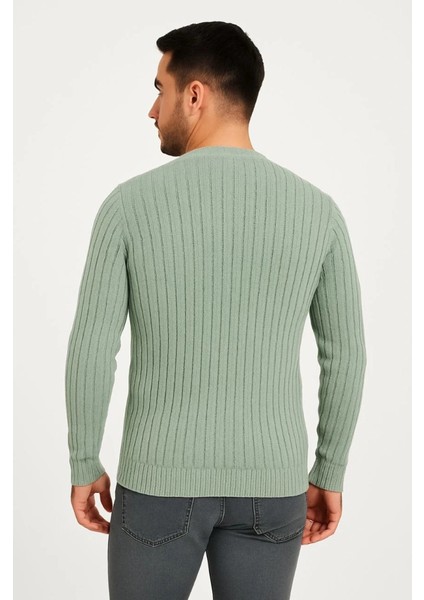 Erkek Bisiklet Yuvarlak Yaka Triko Kazak Pamuklu Kalın Fitilli Dokuma, Regular Fit Uzun Kollu Kışlık Model - Mint Yeşili modelleri