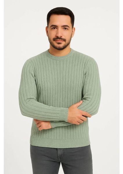 Erkek Bisiklet Yuvarlak Yaka Triko Kazak Pamuklu Kalın Fitilli Dokuma, Regular Fit Uzun Kollu Kışlık Model - Mint Yeşili fırsatları