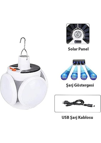 Solar Güneş Enerji ve USB Sarjlı 5 Kanatlı Bahçe Aydınlatma LED Askılı Pratik Kamp Lamba modelleri