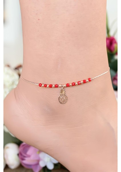 Kırmızı Renk Miyuki Taşlı Ananas Figürlü Metal Hal Hal